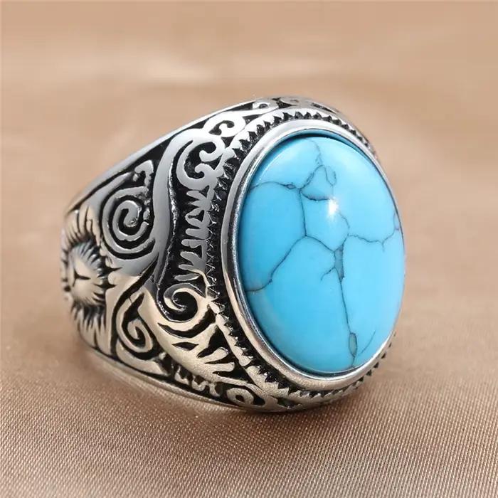 Bagues Rétro en Turquoise pour Hommes en Acier Titane Incrusté d'Agate – Vente en Gros de Bagues Dominantes en Pierre Naturelle