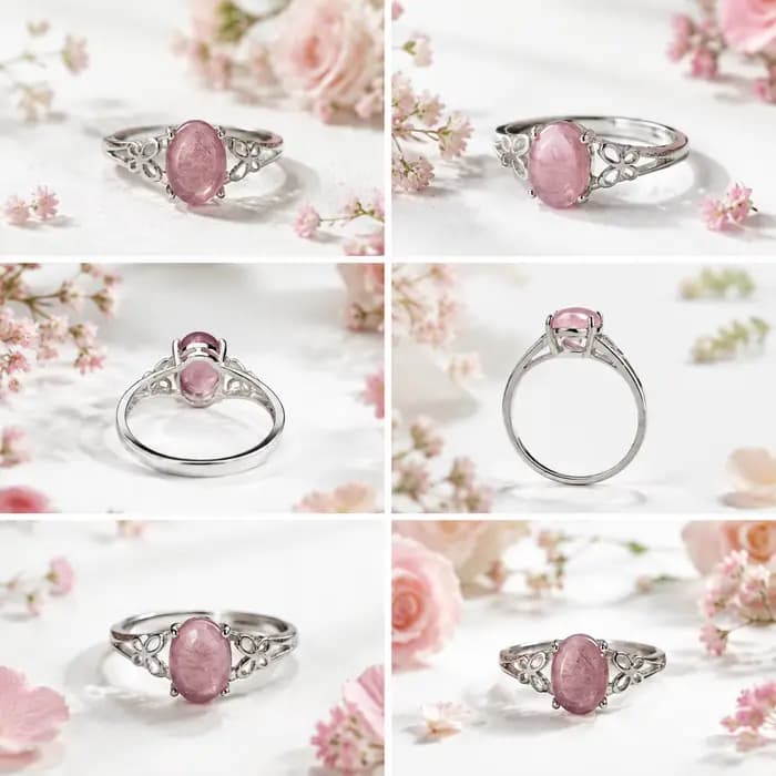 ITSMOS Bague en Quartz Rose Pierre d'Amour Naturelle Papillon Guérison Émotionnelle Coquette