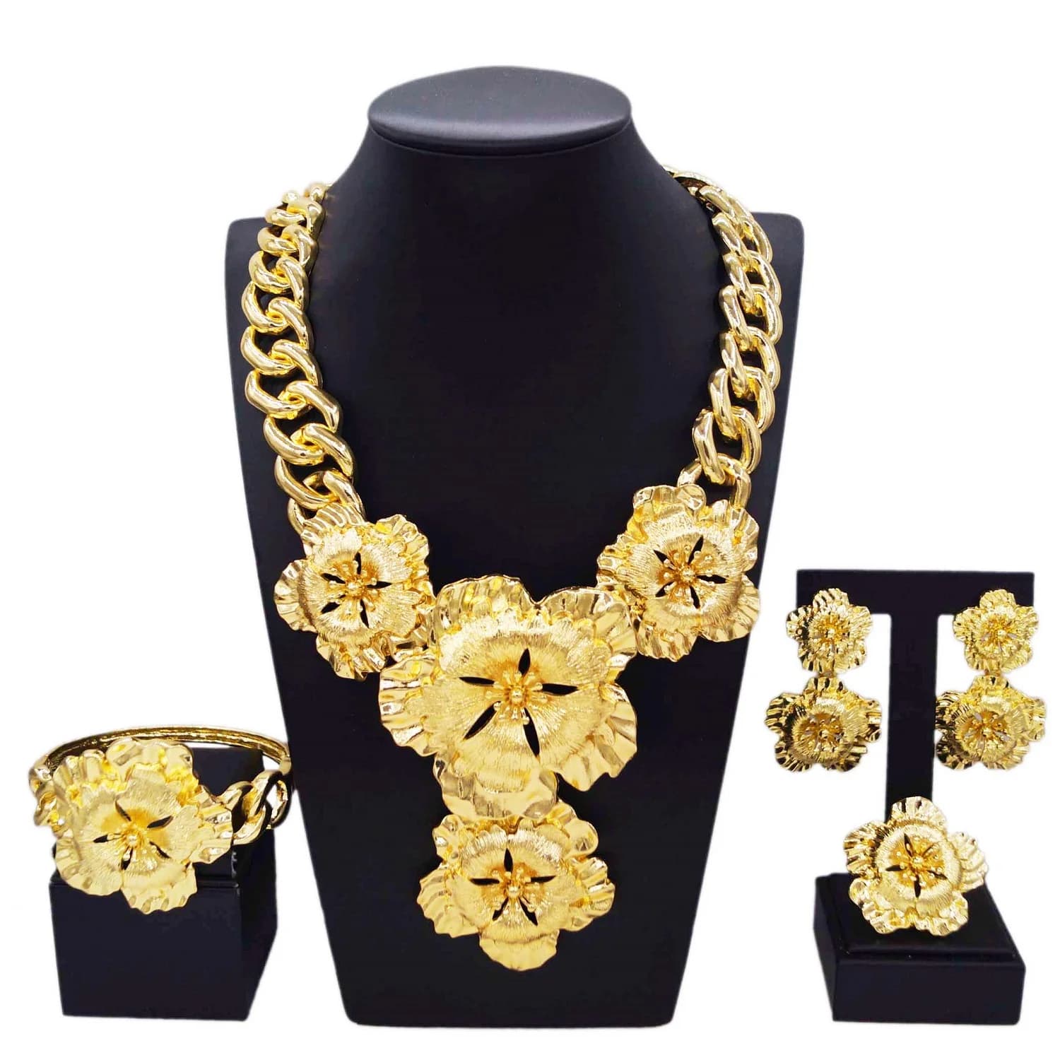 Collier cubain plaqué or avec pendentif fleur pour femme, bijoux de mariage de luxe, boucles d'oreil