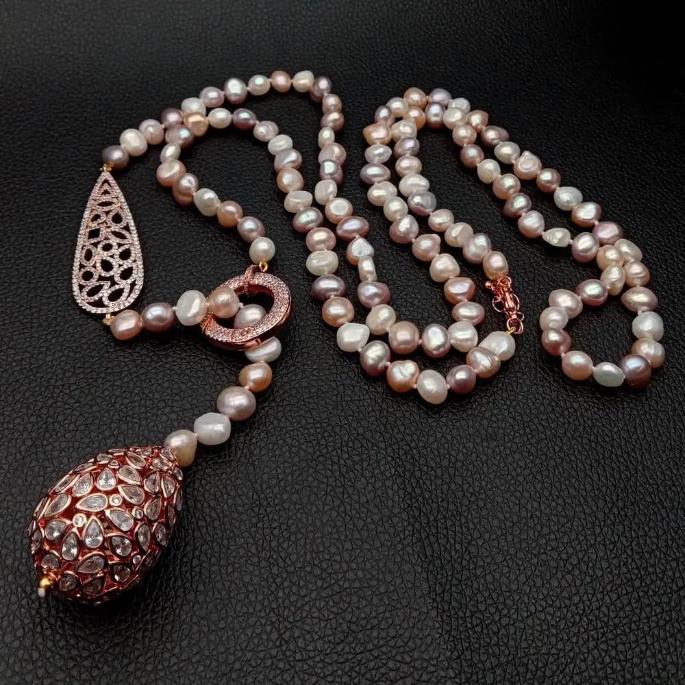 Collier de perles d'eau douce multicolores, 45 '', couleur or Rose, connecteur plaqué, chaîne de cha
