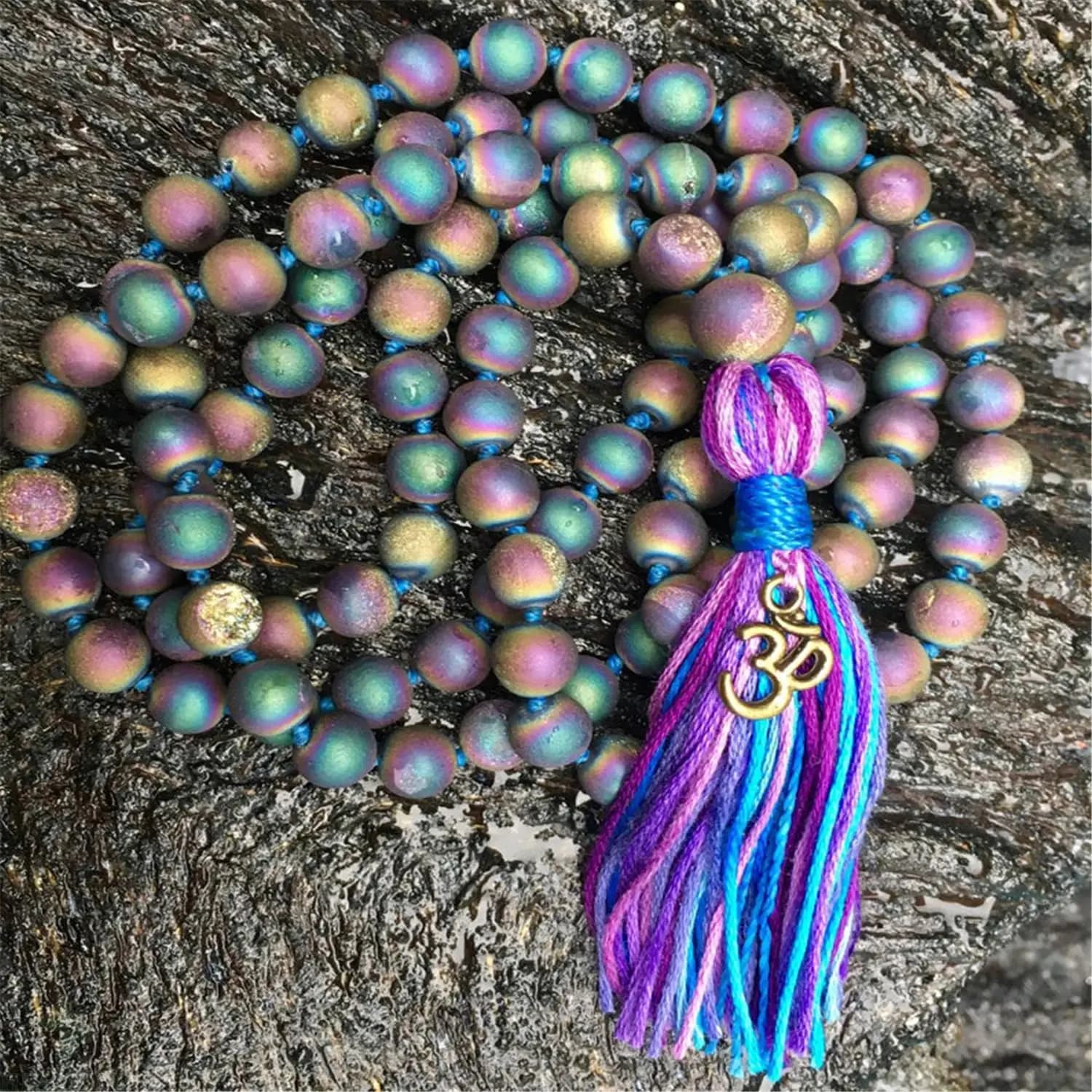 Collier en hématite couleur 108 perles, 8mm, noué avec des glands, religieux, classique, Yoga, spiri