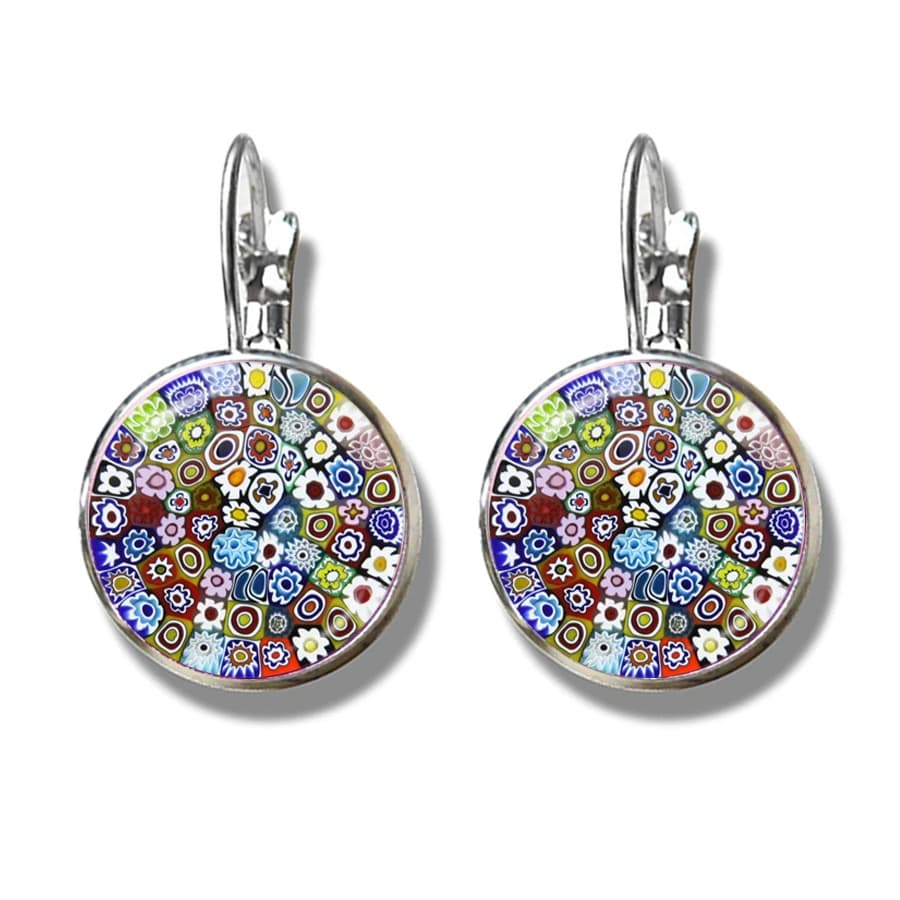 Boucles d'oreilles en forme de fleur de Murano Millefiori, Cabochon en verre, crochet français, bijo