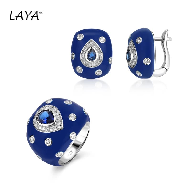 Laya-Boucles d'oreilles clip en émail bleu cristal synthétique pour femme, argent regardé 925, style