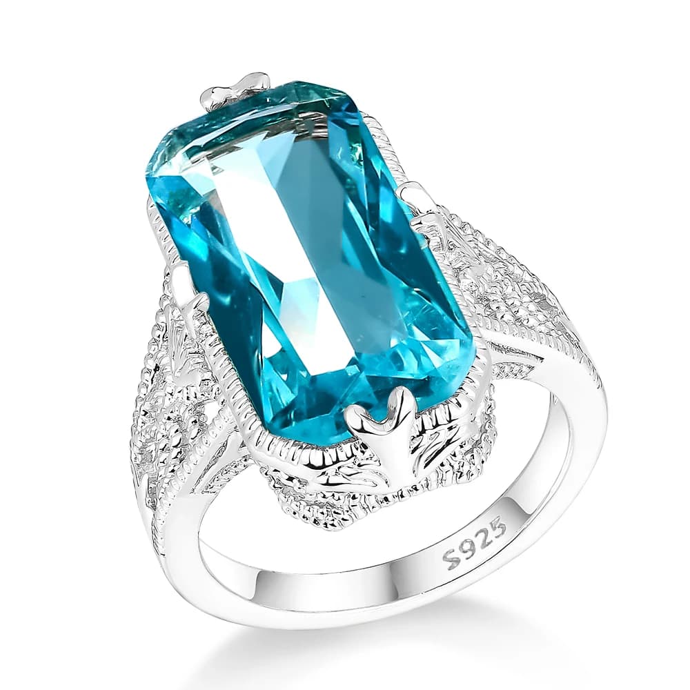 Bagues en argent plaqué zircon aigue-marine ajourées et sculptées, bijoux en argent exagérés pour fe