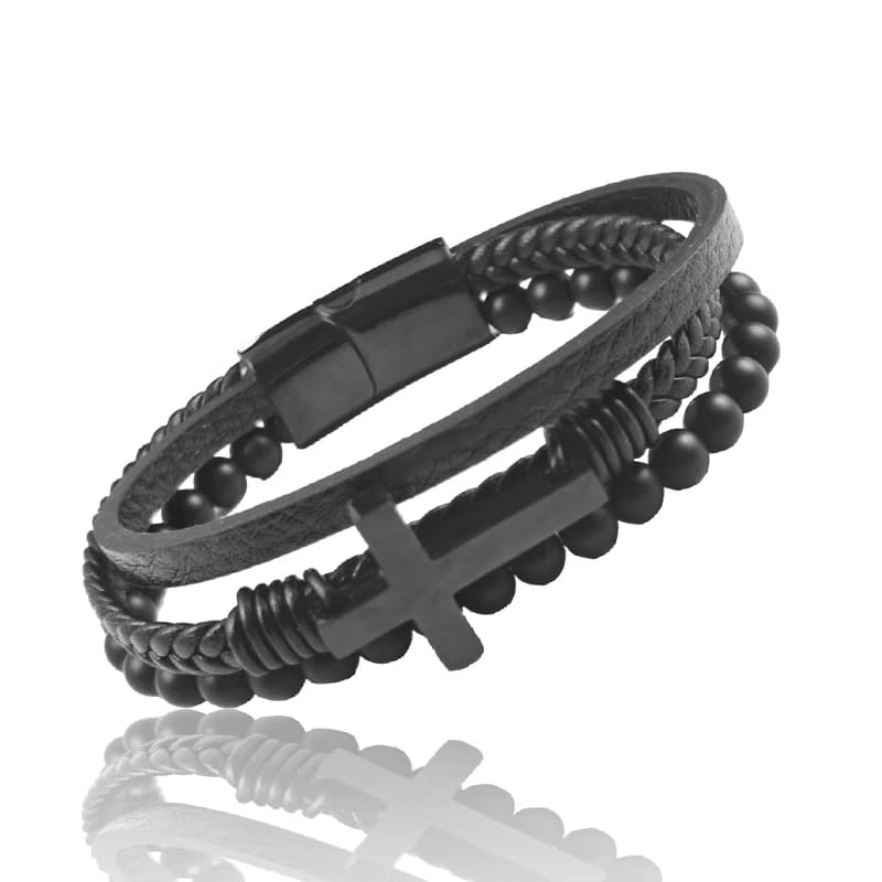 Bracelet croisé en cuir tressé multicouche pour homme, perles noires mates, fermoir magnétique, bijo