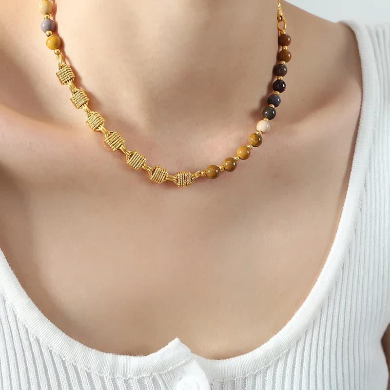 Collier de perles d'agate verte pour femmes, chaîne en acier inoxydable plaqué or, bijoux élégants,