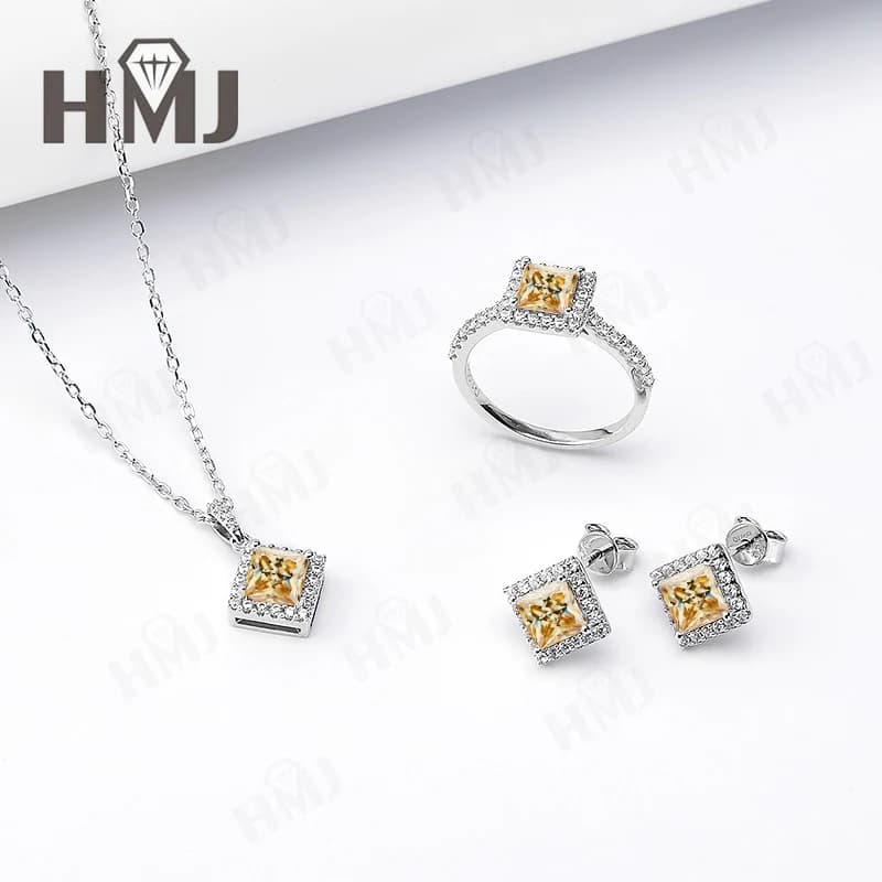 Ensemble de bijoux bague boucle d'oreille collier princesse coupe Moissanite laboratoire cultivé pie