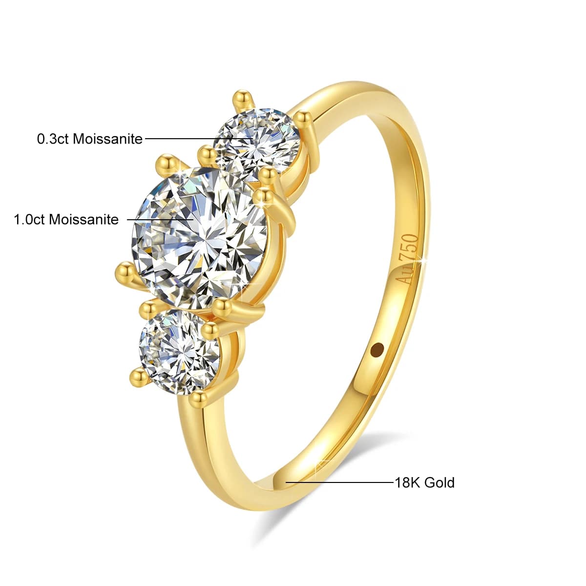 Bagues creuses originales en or 18 carats Moissanite pour femme, bijoux en or fin, 3 diamants, 1ct