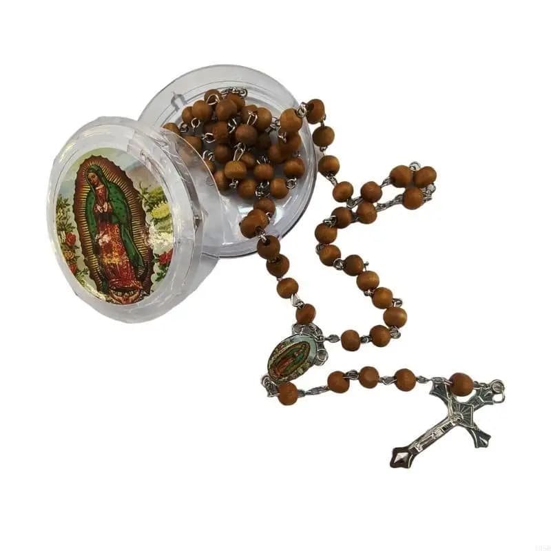 Collier chapelet prière en perles bois pour hommes femmes avec crucifix boîte cadeau