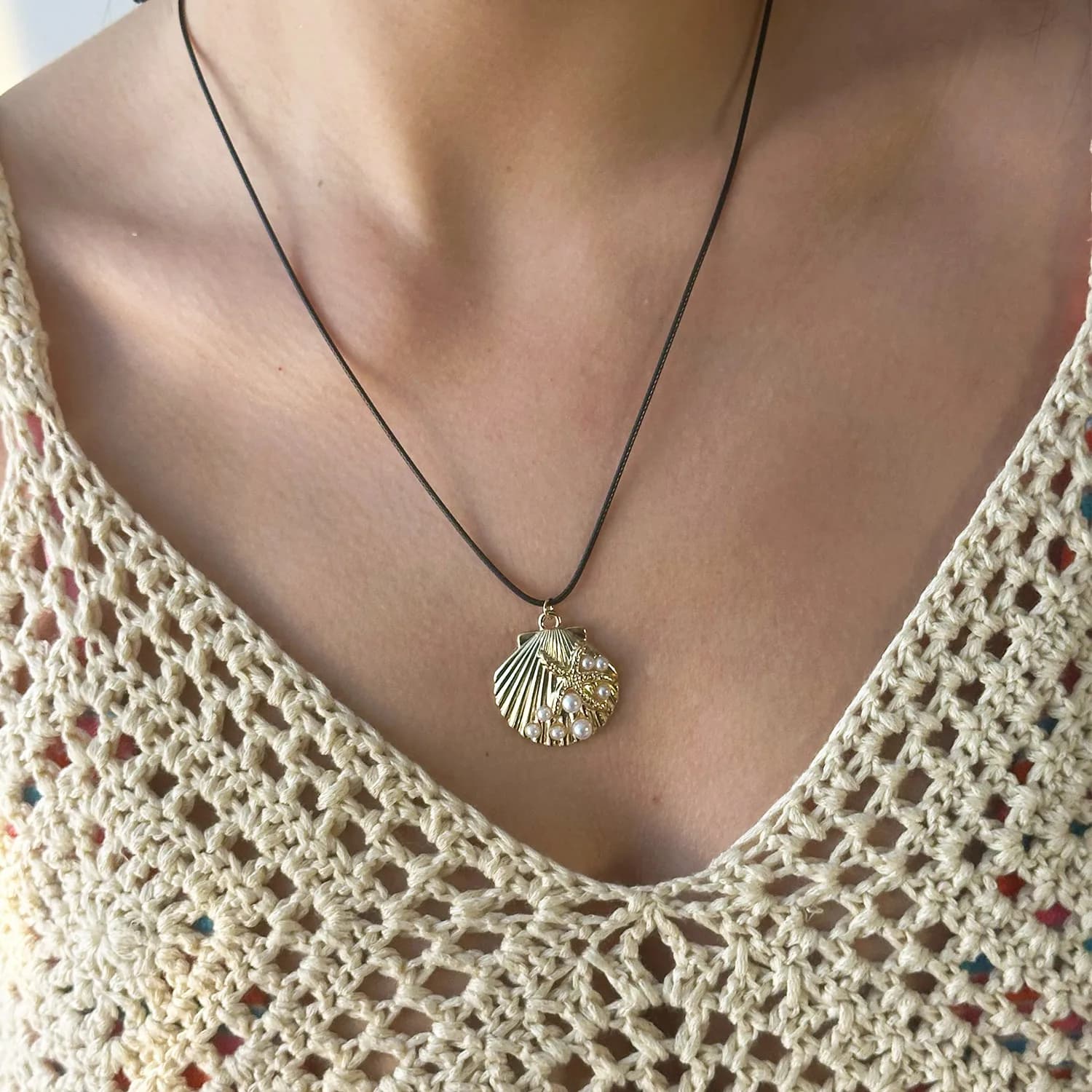 Collier élégant avec pendentif en perles, étoile de mer, conque, coquille, pour femmes, bohème, cord