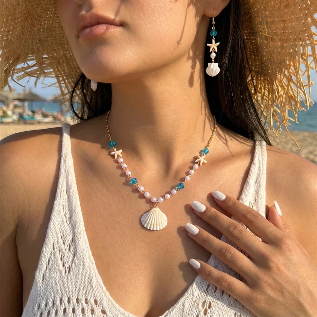 Parure de bijoux bohème d'été pour femme, collier pendentif étoile de mer et boucles d'oreilles pend