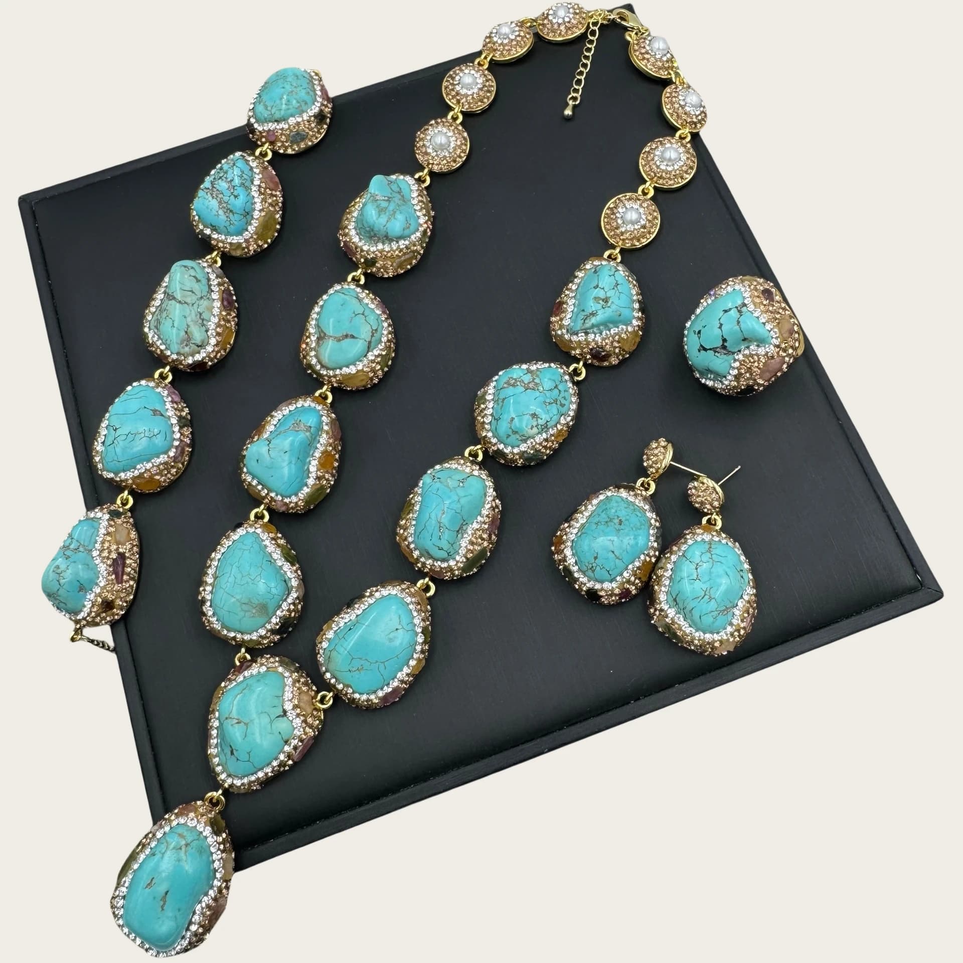 Collier Turquoise brut turc avec incrustation de perles naturelles, ensemble de bijoux de Style ethn