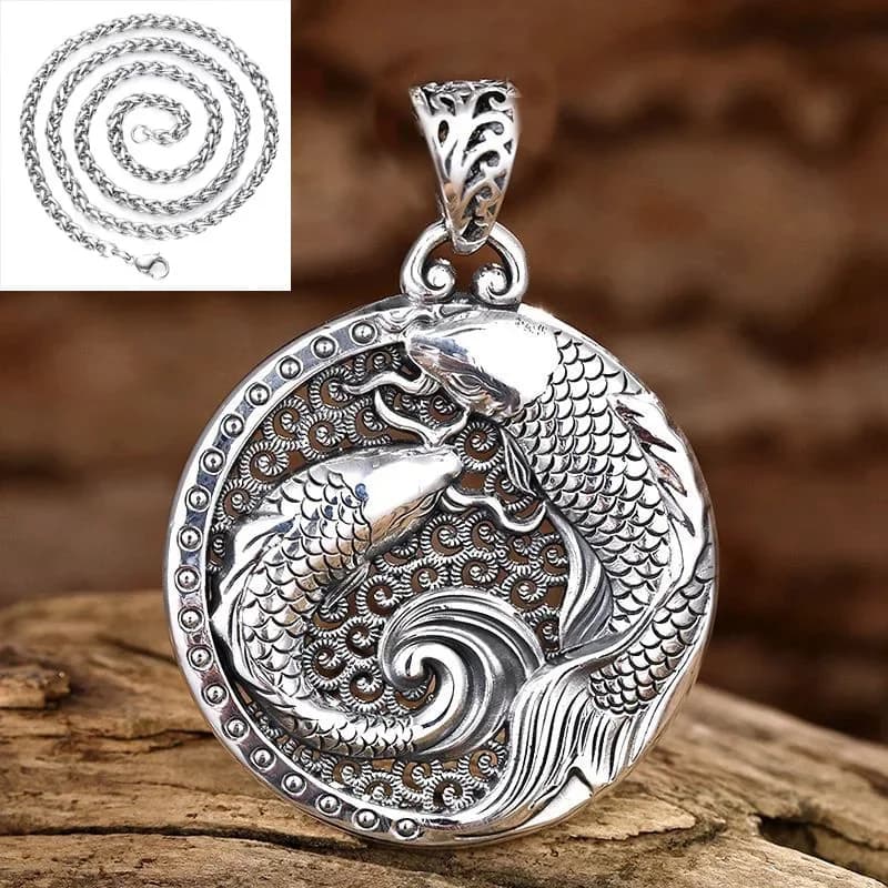 Collier Double poisson brillant en argent 925, Style National, pour hommes et femmes, pendentif rond