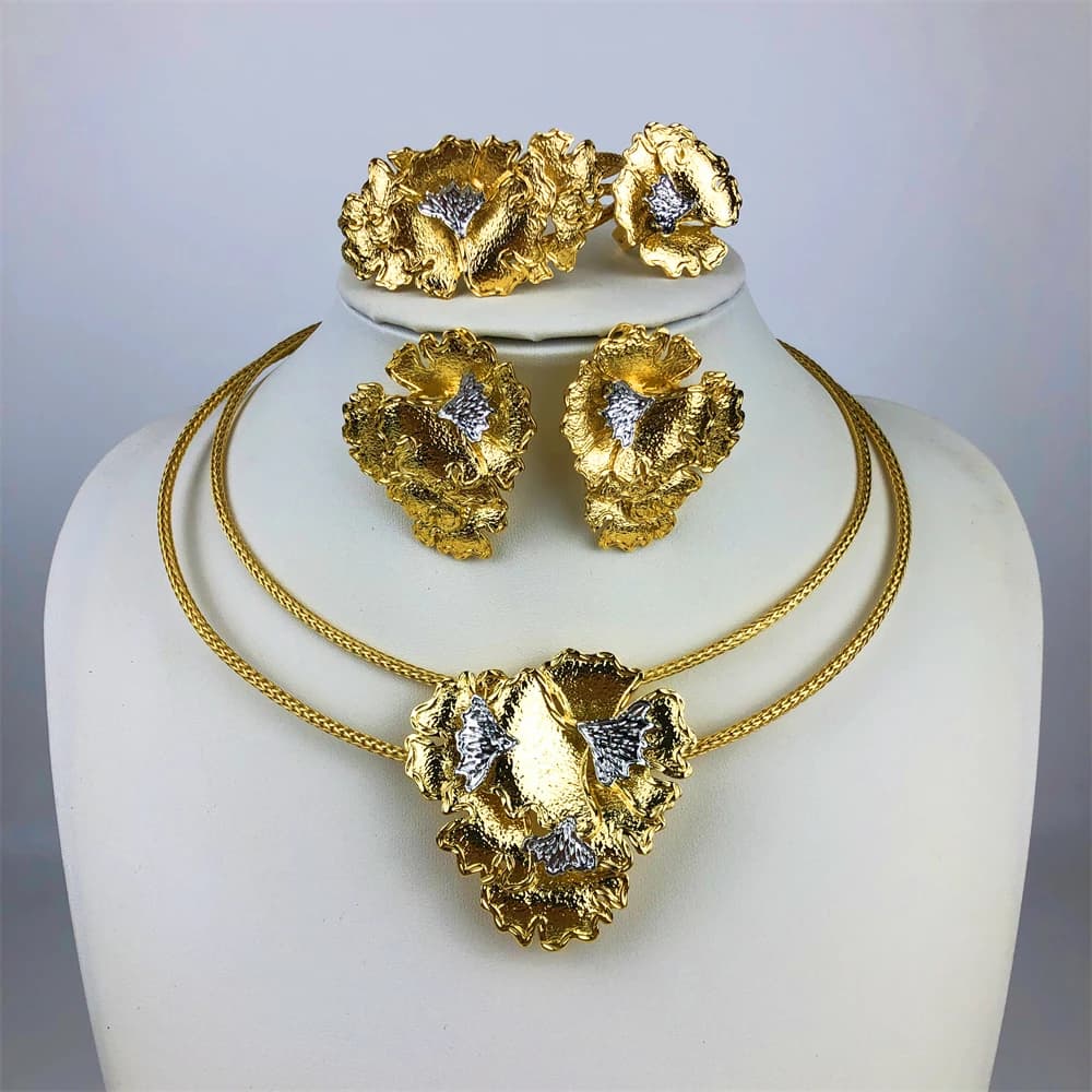 ESALE plaqué or femme ensemble de Bijoux luxueux fleur collier boucles d'oreilles femme élégante dîn