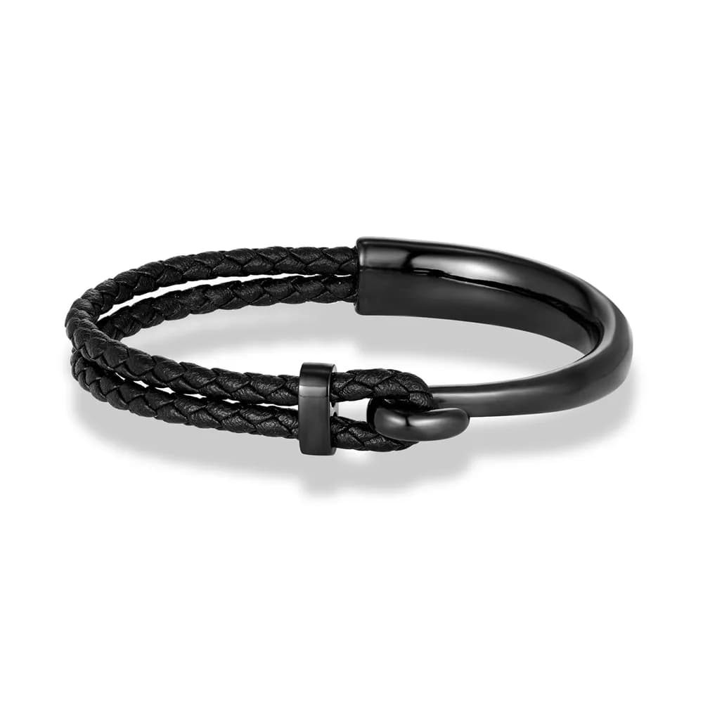 Bracelet en cuir tressé noir tendance, ne se décolore pas, crochet en acier inoxydable poli, manchet