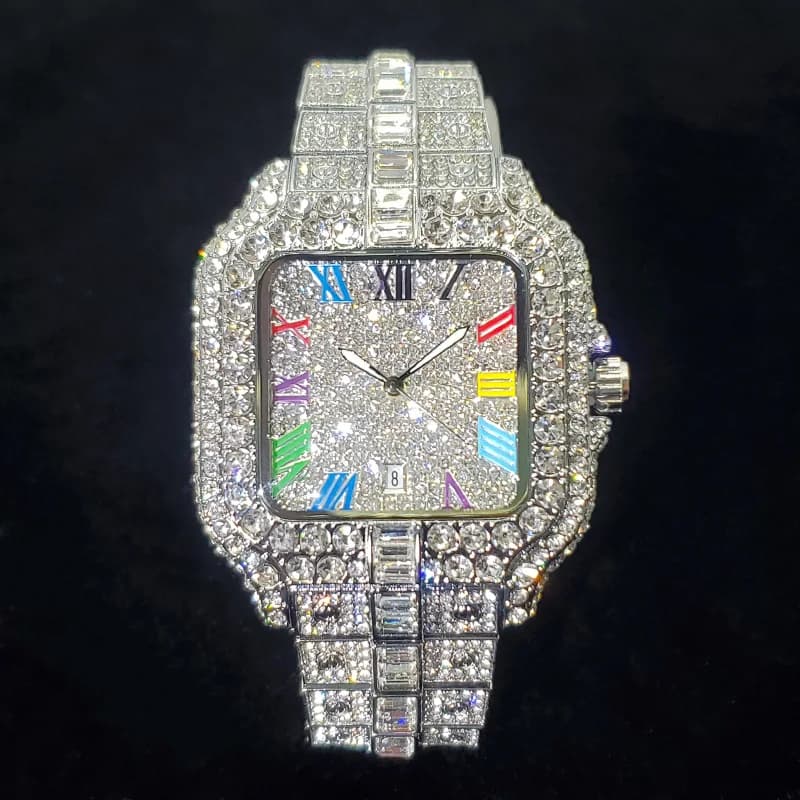Montre en diamant de luxe pour hommes, montres numérotées colorées carrées glacées, bijoux Hip Hop B