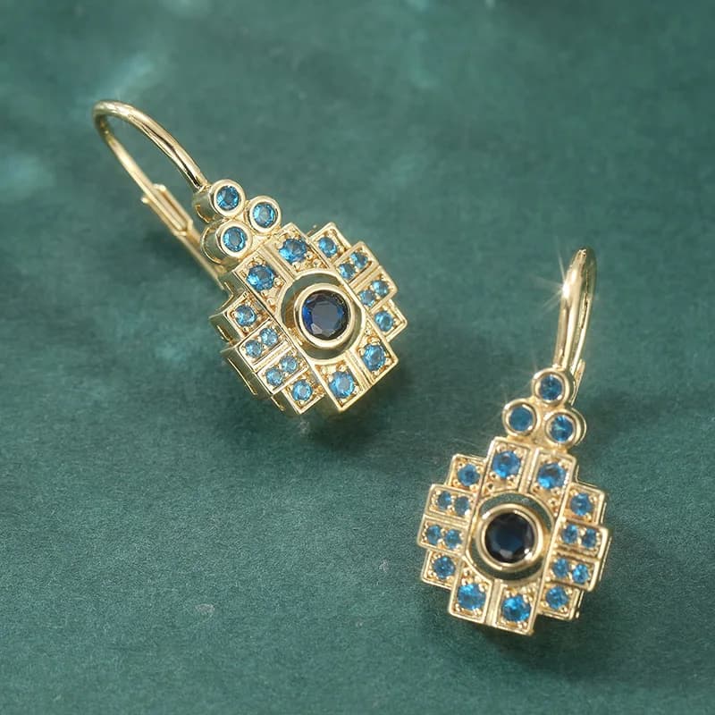 Boucles d'oreilles pendantes en zircone cubique bleue synthétique, style Art déco, pour femmes, bijo
