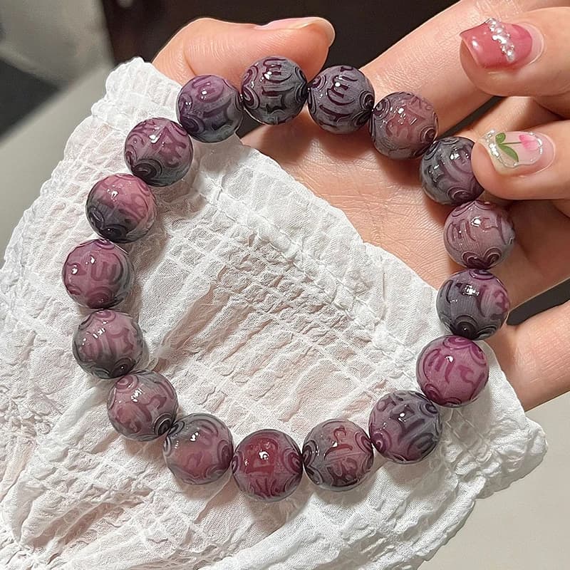 Bracelet de perles en racine de Bodhi violette naturelle, perles de chapelet sculptées, bijoux porte