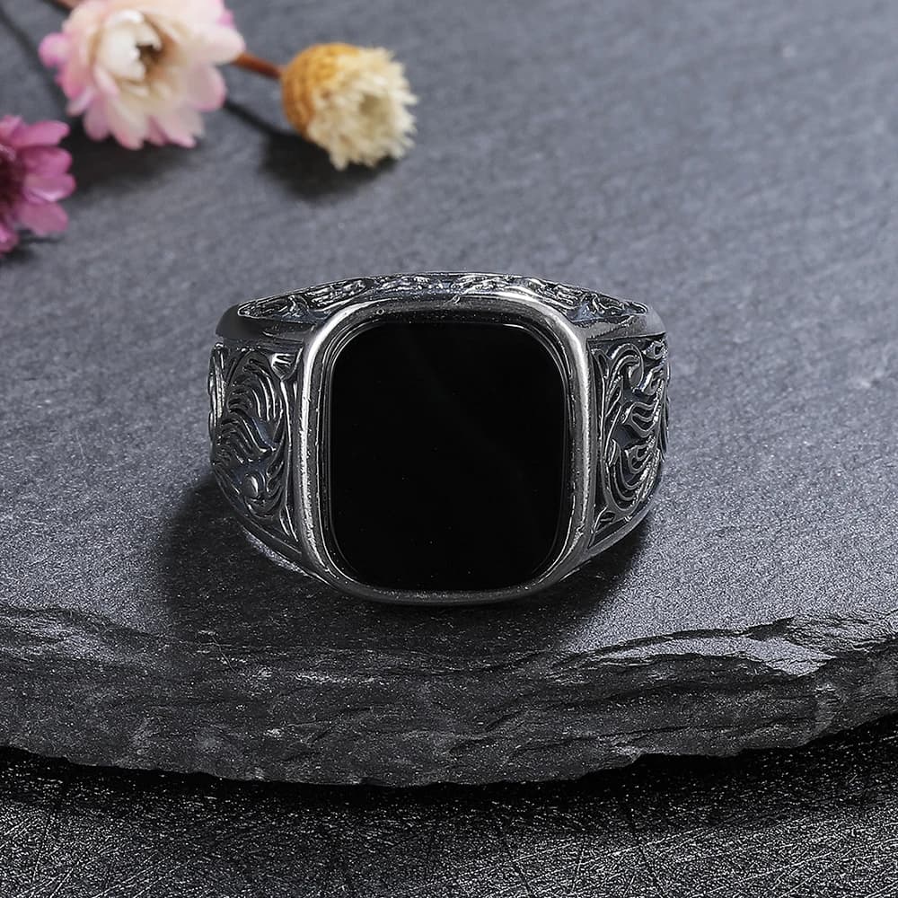 Bague en onyx noir pour homme, pierre précieuse carrée sculptée de 12x14 mm, bande en argent sterlin