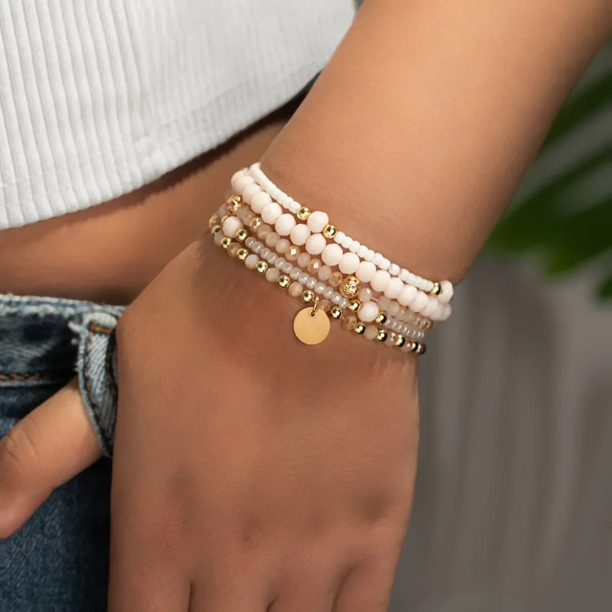 Ensemble de bracelets en perles de résine pour femmes, 5 pièces, pièce ronde, breloque, chaîne de pe