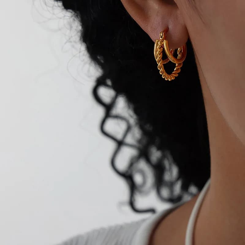 Boucles d'oreilles créoles anti-allergie pour femmes, doubles couches, bijoux torsadés, cadeaux de f