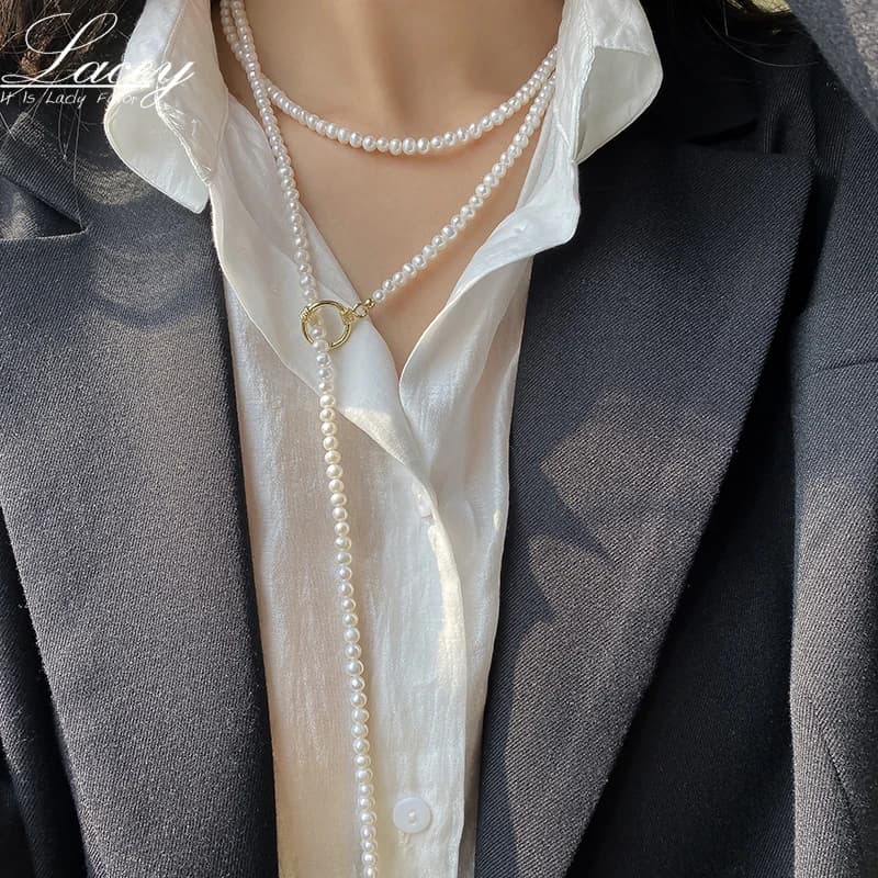 Collier long en petites perles véritables pour femmes, collier en perles d'eau douce, collier en per