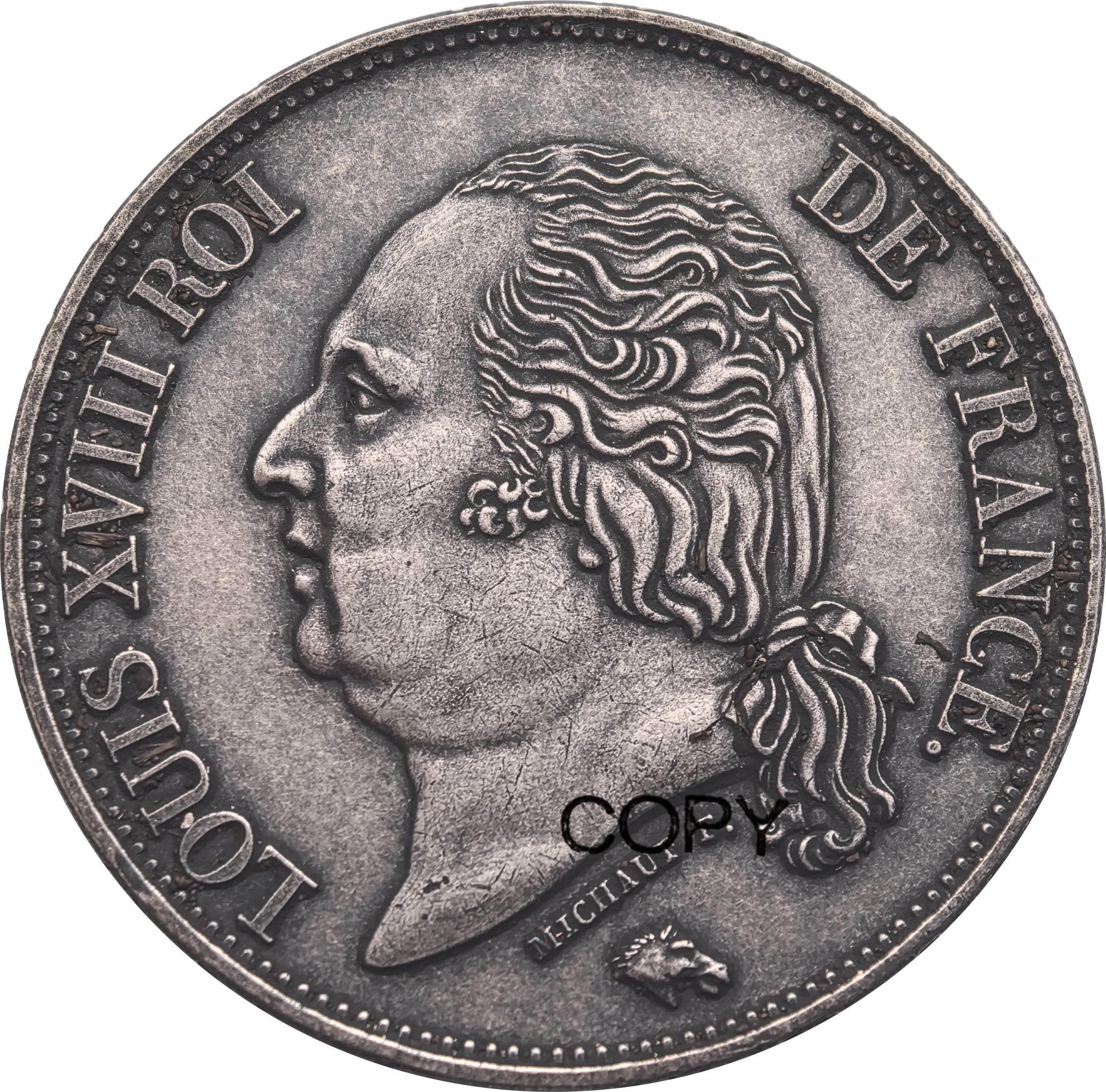 France 1818 I 5 Francs Louis XVIII tête nue pièce métal laiton plaqué argent Souvenir à collectionne