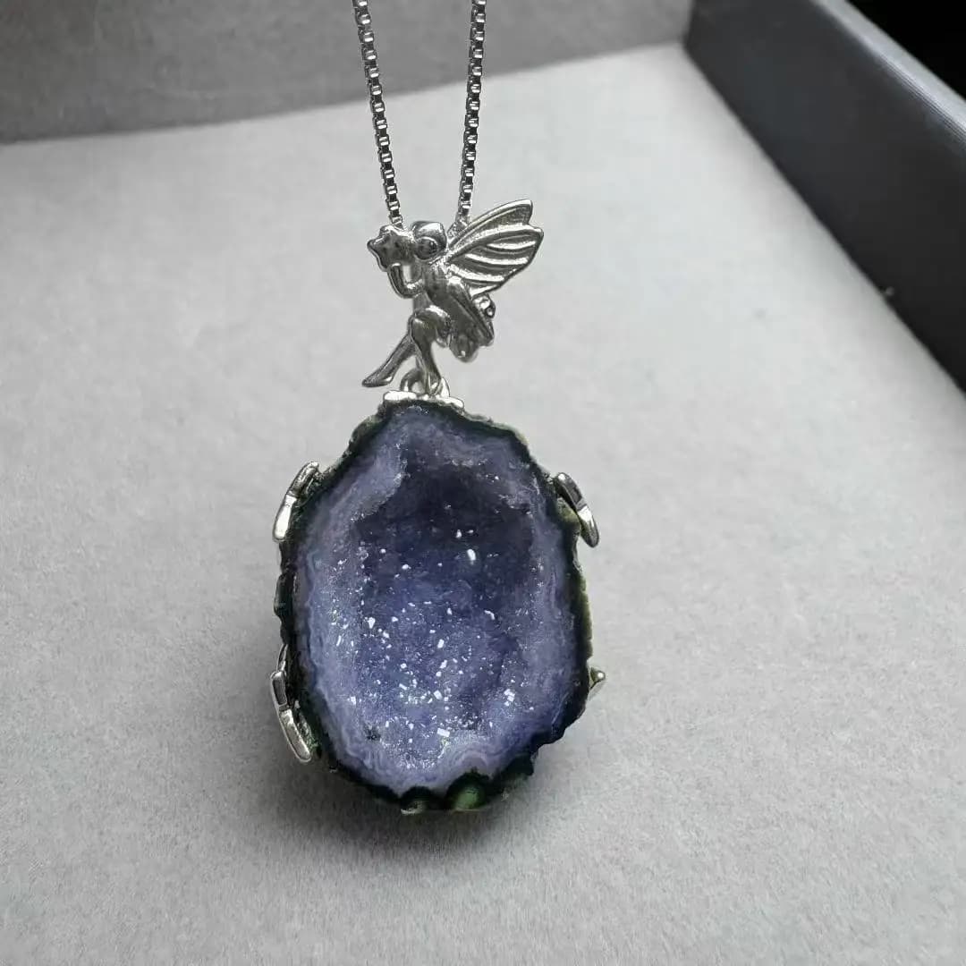 Pendentif Collier Géode Mignonne en Argent 925 avec Agate Naturelle du Mexique, Cristal de Guérison,