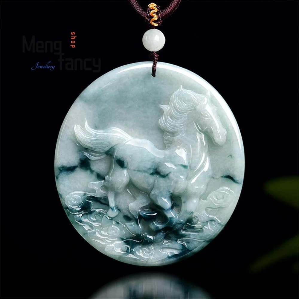 Pendentif en Jadeite Naturelle de Birmanie Véritable, Motif Cheval du Zodiaque, Symbole de Montée Ra