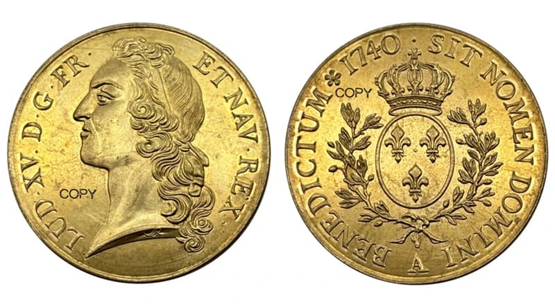France 1740 A 2 Ecus d'or Louis XV avec bandeau, en laiton, copie, pièces commémoratives