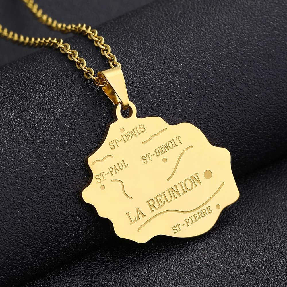 Collier pendentif carte de l'île de la réunion de France en acier inoxydable pour femmes et filles,