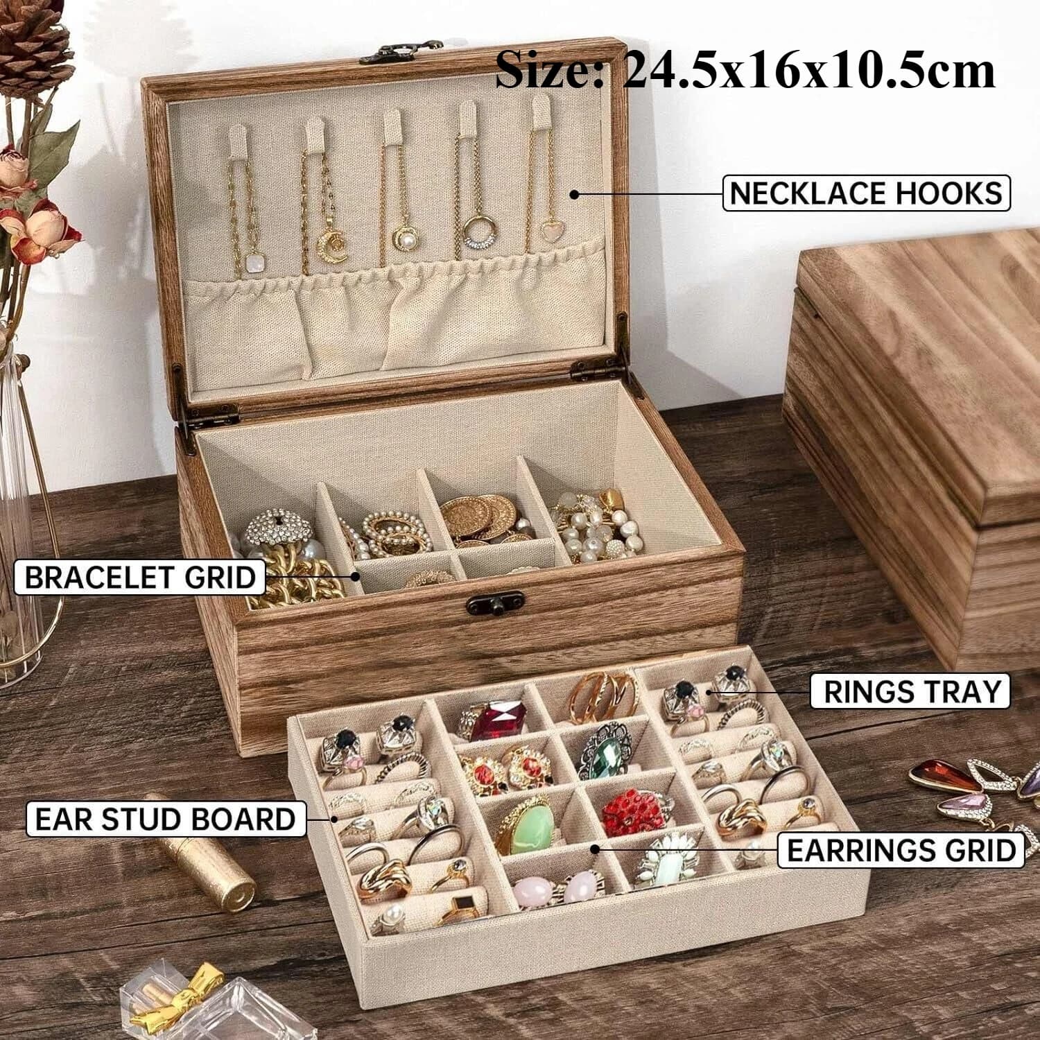 Boîte à bijoux Vintage, conteneurs en bois massif, présentoirs à deux couches pour colliers et boucl