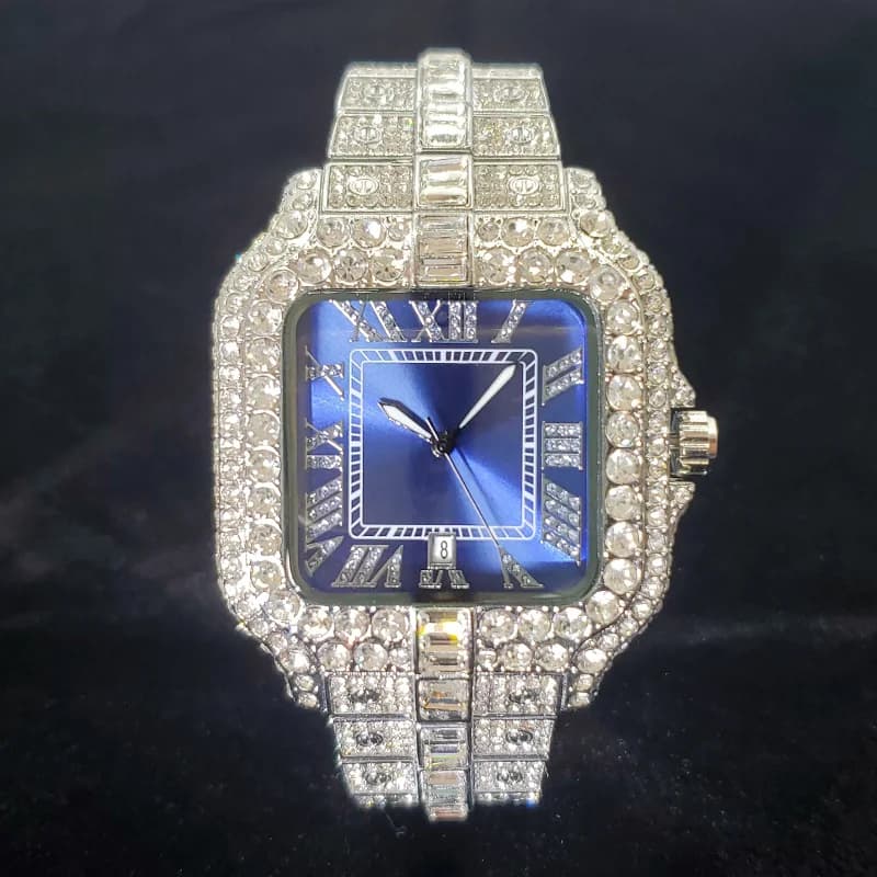 Montre en diamant de luxe pour hommes, Hip Hop Bling, glacé, montres à quartz, mode, cadran bleu, ar