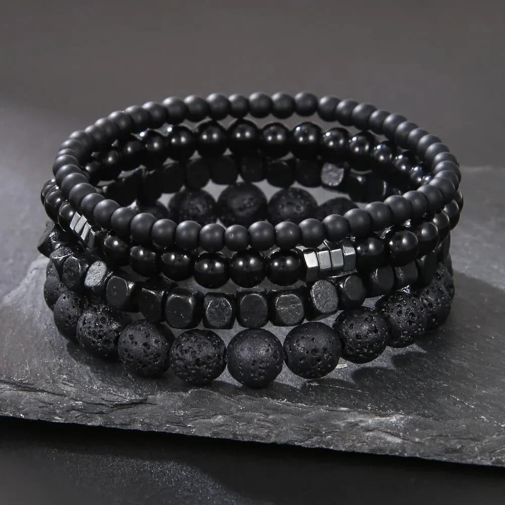 4 pièces/ensemble pierre de galle noire pierre volcanique perles de bois multicouche hommes combinai