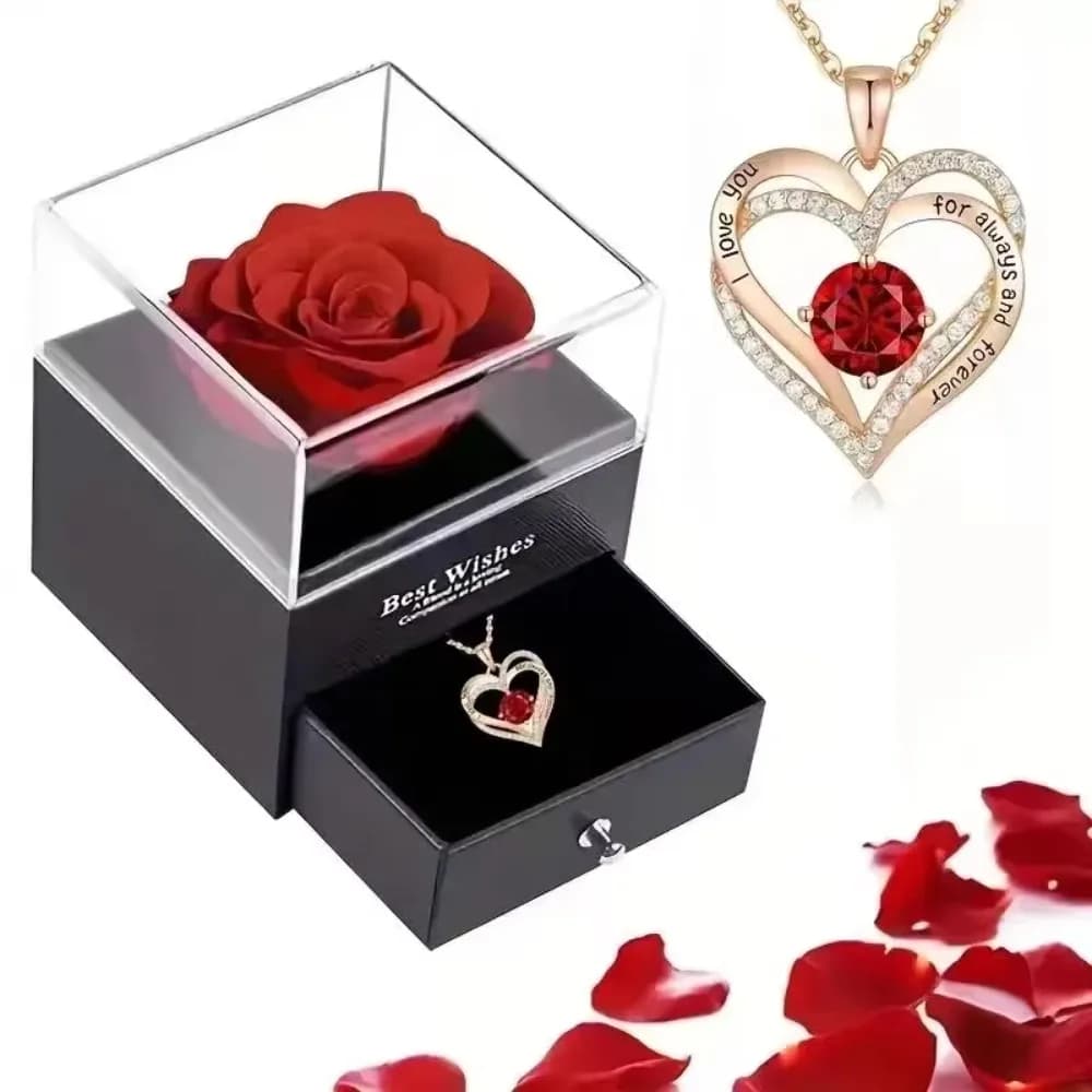 Fleur éternelle fleur artificielle avec collier coeur boîte-cadeau à motif de rose intemporelle, pou
