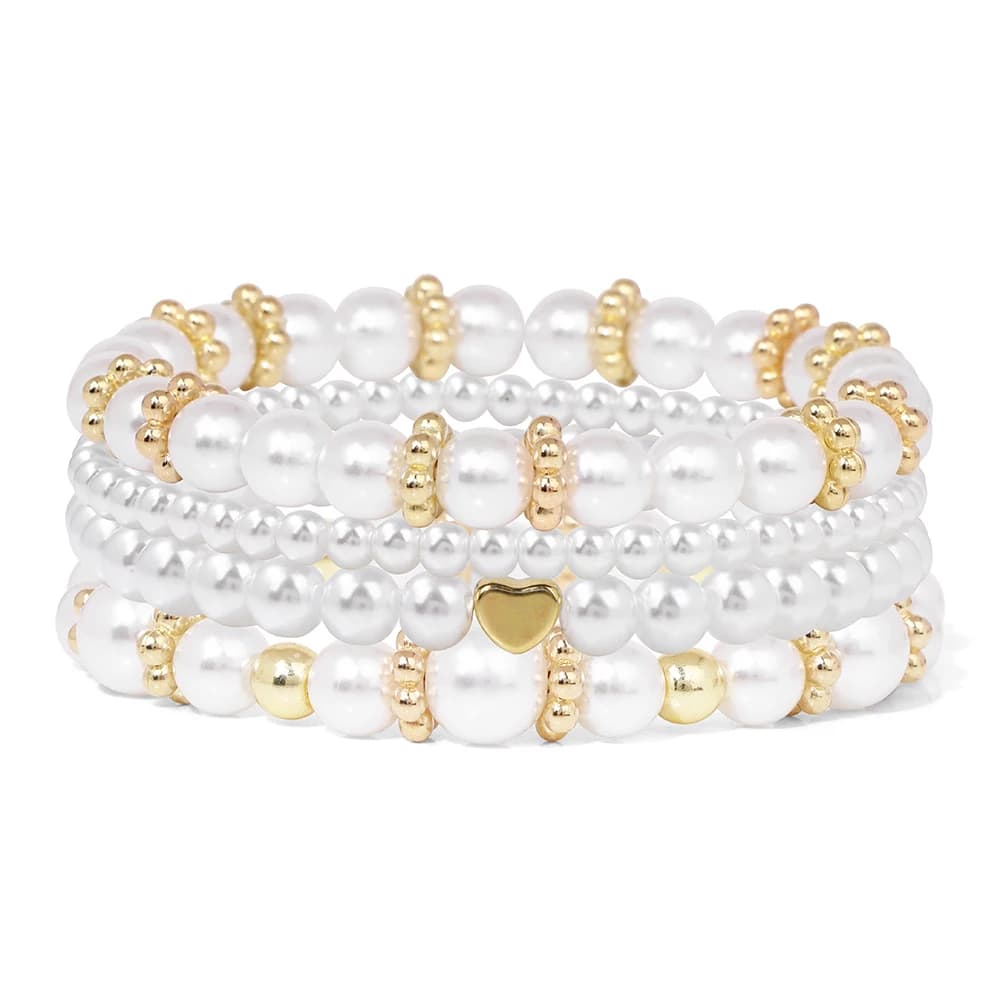 Ensemble de bracelets de perles blanches multicouches pour femmes, perles de documents dorés, bracel