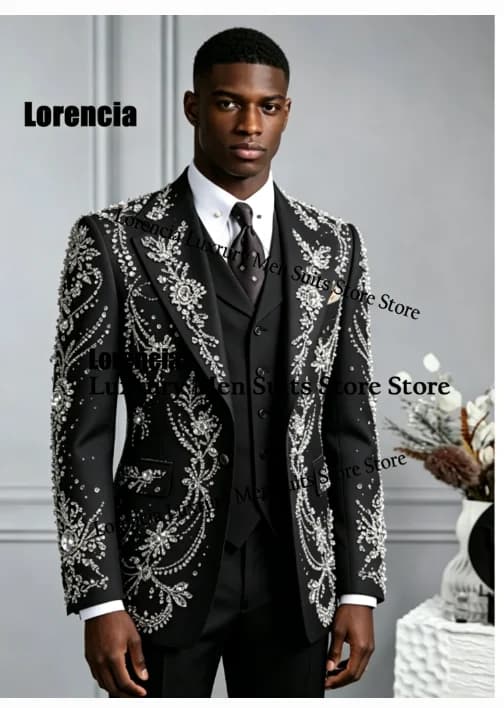 Costume de Mariage Homme de Luxe Élégant avec Diamants et Strass Personnalisés, Tuxedo Slim Tendance