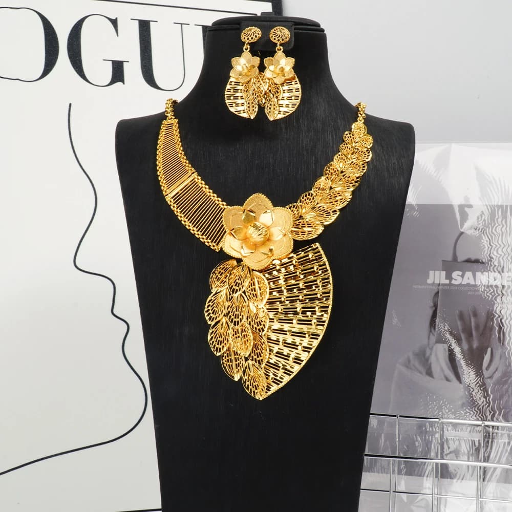 Collier bijoux grand ensemble fleur bijoux africains goutte boucle d'oreille couleur or femmes Desig