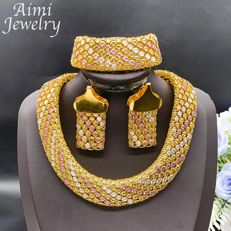 Ensemble de bijoux africains plaqués or 18 carats pour femmes, collier épais, boucle d'oreille, brac
