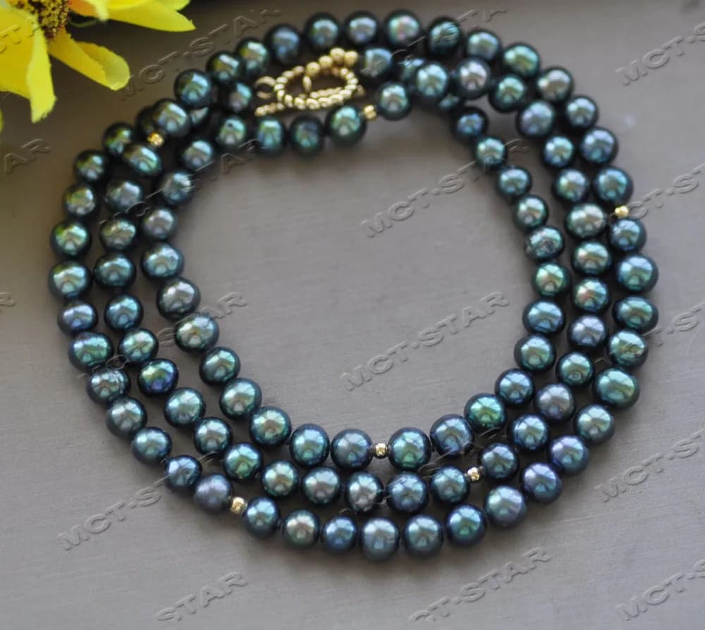 Collier de perles d'eau douce, rond noir paon Z12228 29 ''7mm