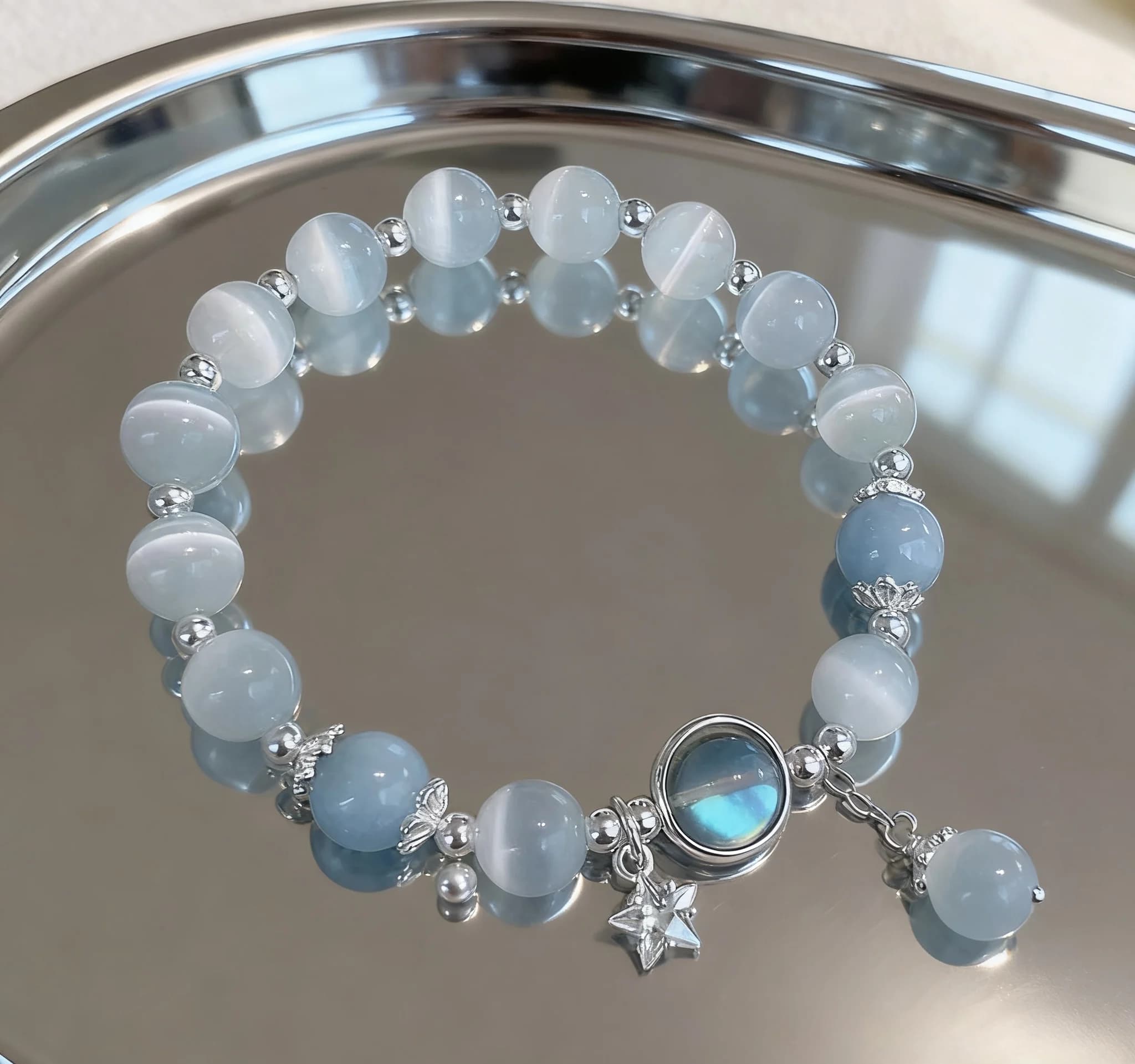 Nouveau Unique rêveur bleu pierre de lune oeil de chat pendentif cristal perle Bracelet fête bijoux