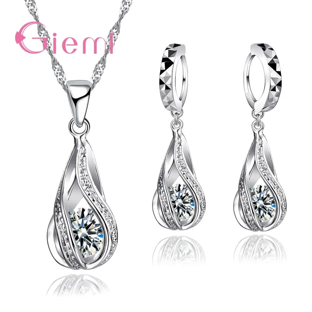Collier et boucles d'oreilles goutte d'eau en argent regardé 100% pour femme, ensembles de bijoux po