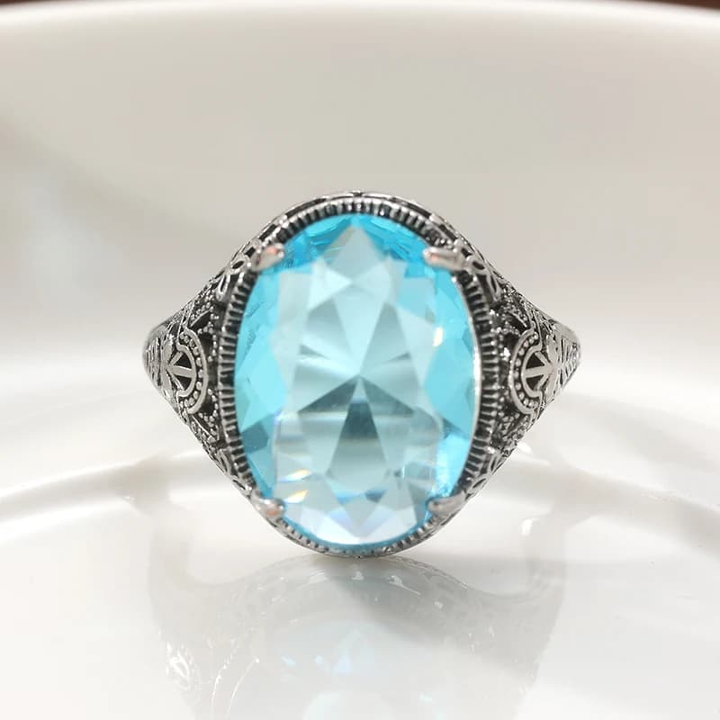 Bague ovale en aquamarine pour femmes, style bohème, motif sculpté fait à la main, bijoux élégants,