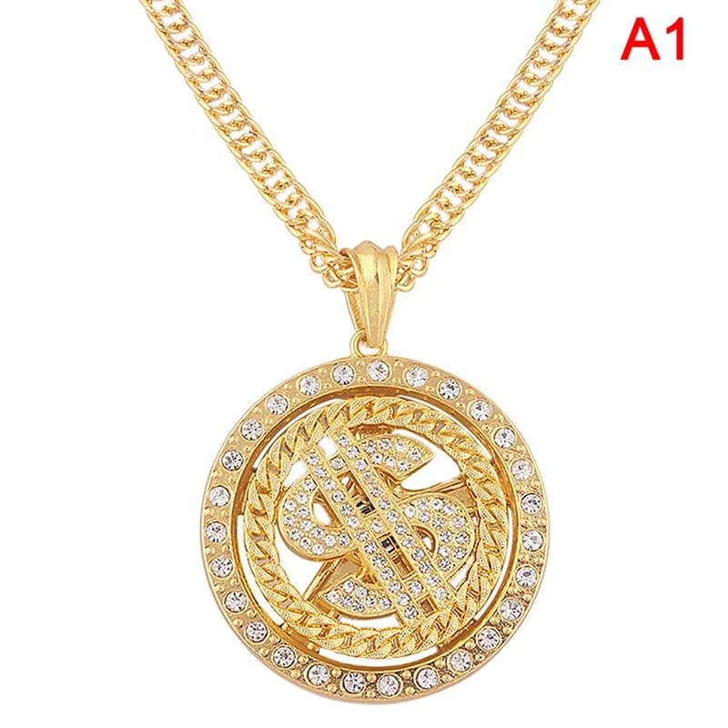Grand Collier Pendentif Signe d'Argent en Dollar Américain Rotatif pour Homme, Hip Hop