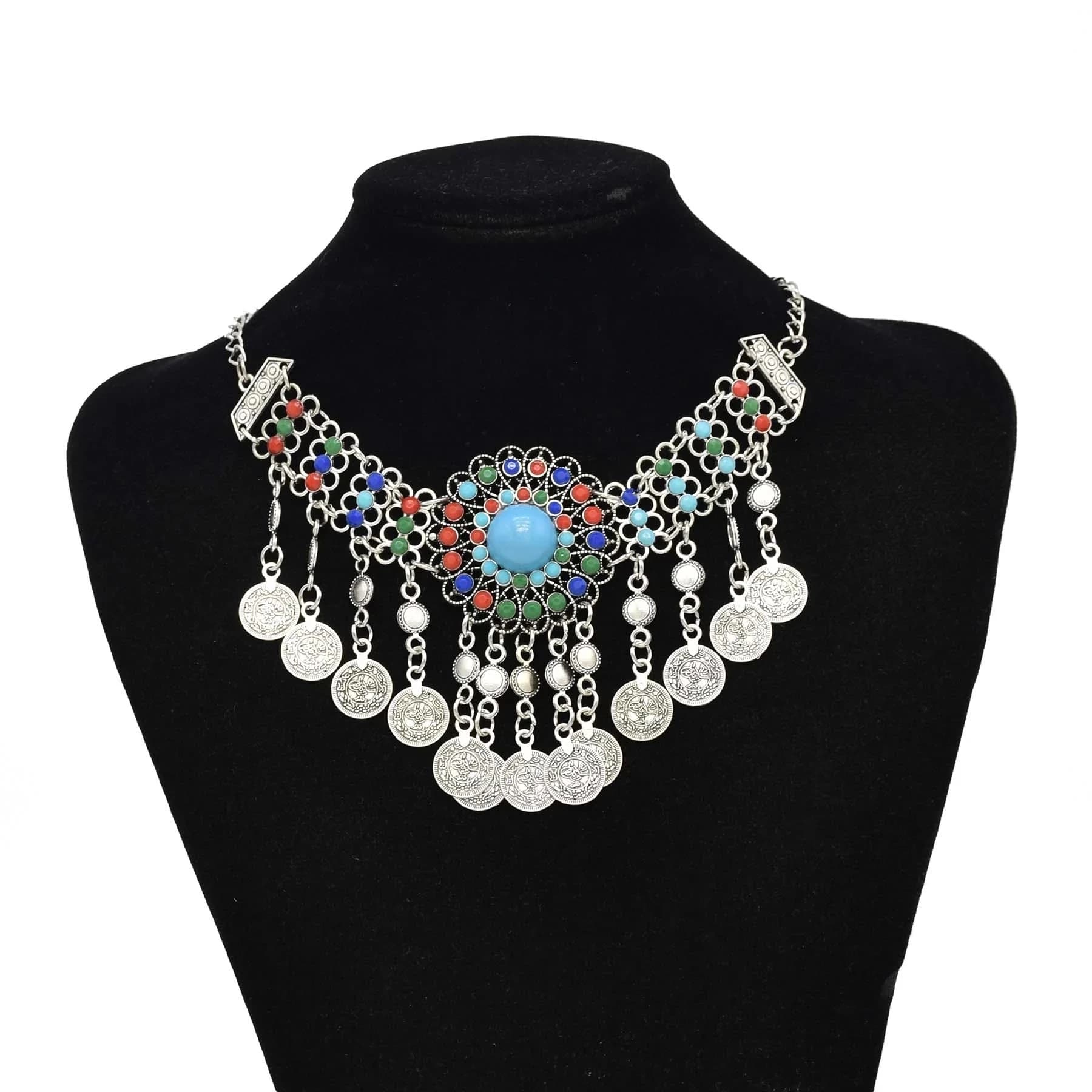 Colliers Hippie gitane Boehmian pour femmes, grand collier tibétain épais en métal argenté, Festival