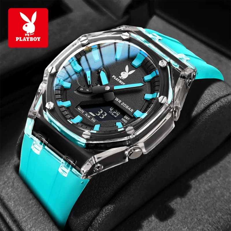 PLAYBOY Montres de luxe pour homme, montre électronique, bracelet en caoutchouc, étanche, montres de