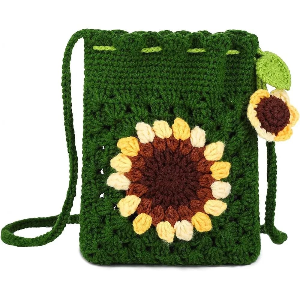 Mignon bricolage Crochet sac à bandoulière tricoté fleur Crochet fil tournesol sacs à bandoulière co