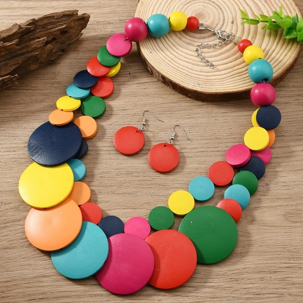 Bijoux africains bohème couleur géométrique ronde perles en bois fait à la main collier et boucles d