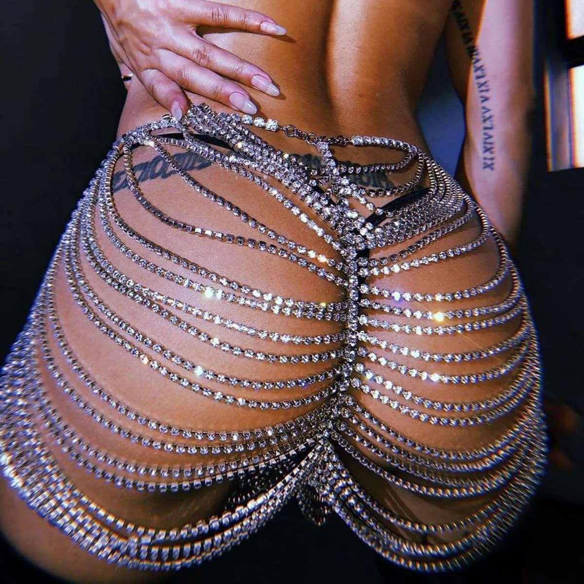 Chaîne de taille et chaîne de corps pour spectacle, style jupe mi-longue sexy à franges, super brill
