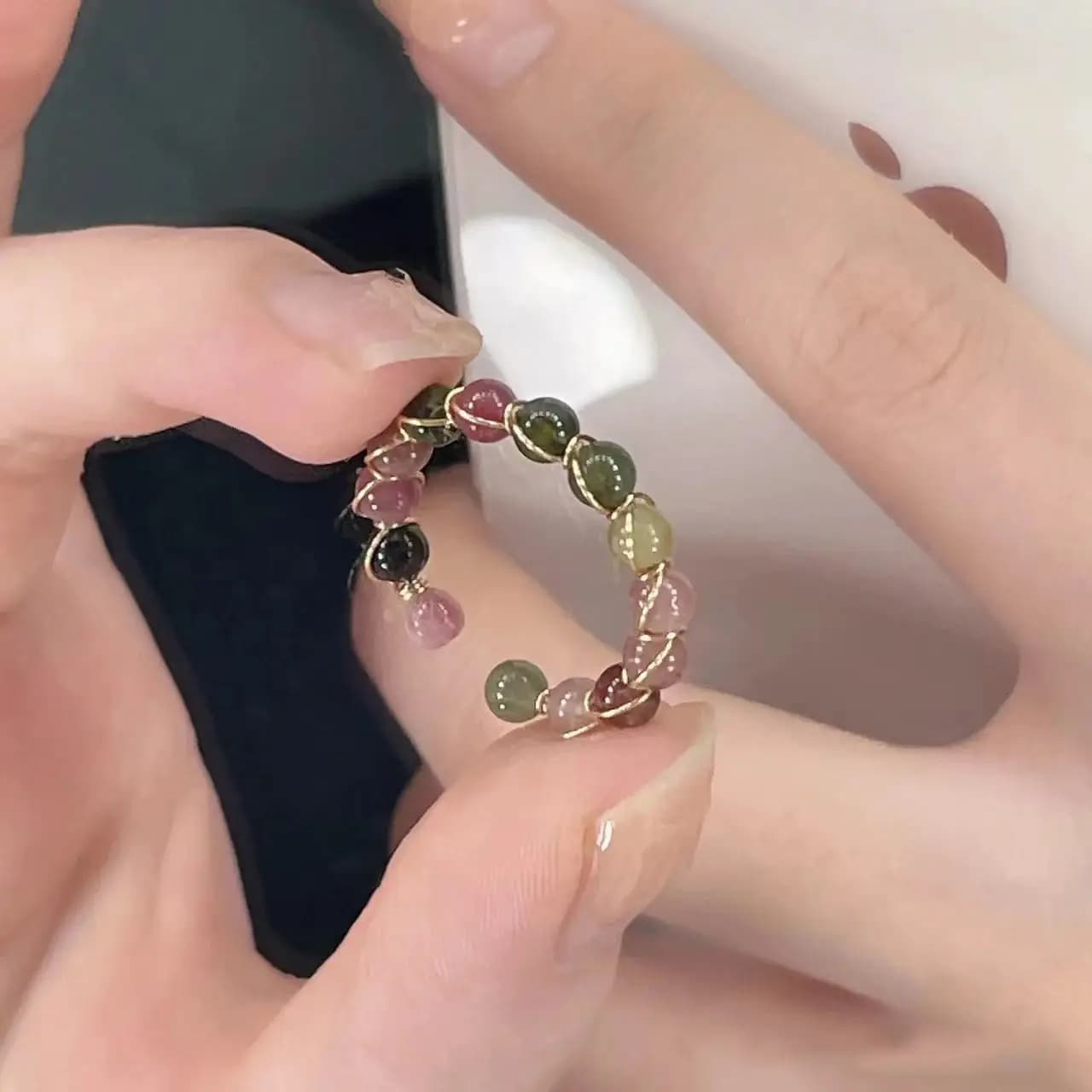 Colorful Tourmaline Ring for Women Fashion Retro Handmade Metal Wire Winding Beaded Open Adjustable